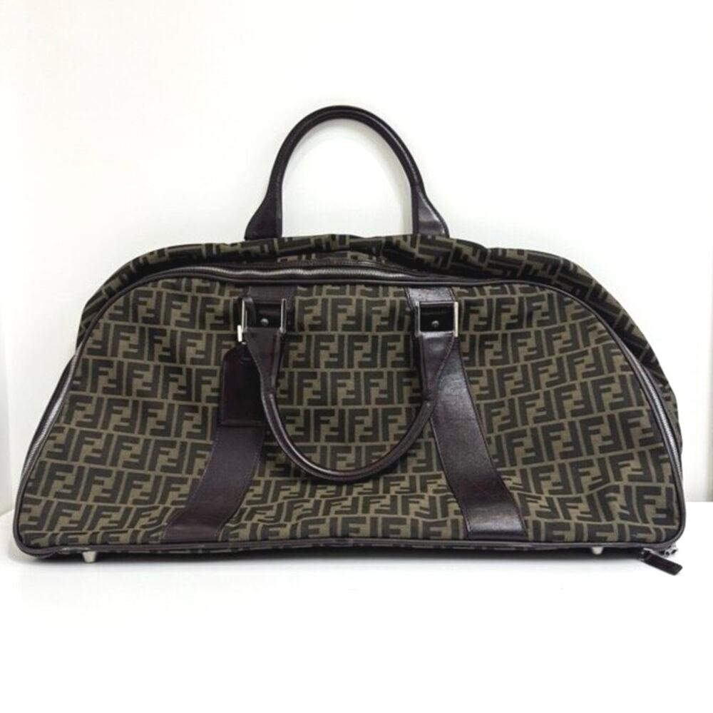 FENDI Large Brown Zucca Canvas Duffle Bag Monogram Leather Travel Luggage FF